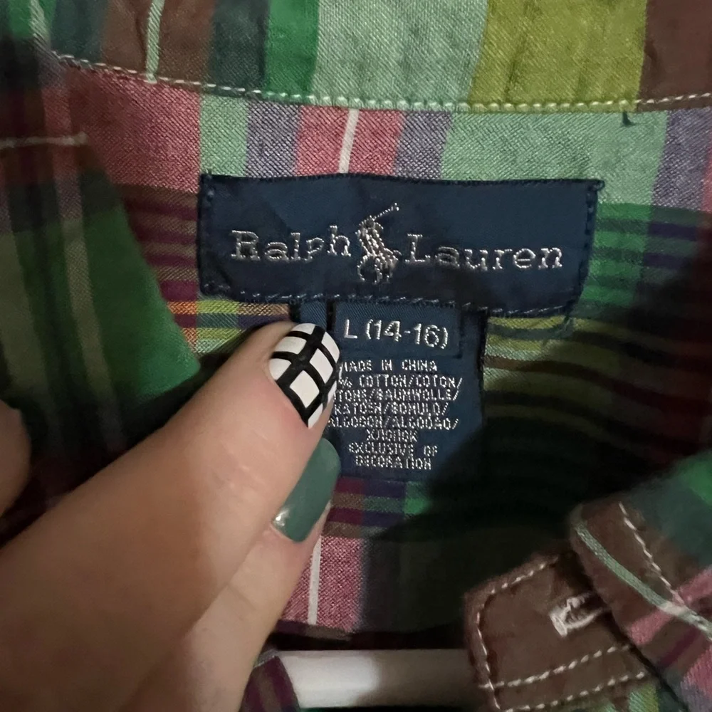 RALPH LAUREN Classic Plaid Preppy Casual Button Down Green Pink‎ Yellow Boy's Lg